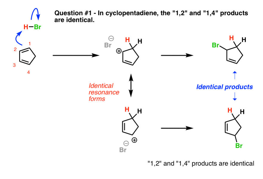 12 and 14 addition of hbr to cyclopentadiene there is no keinetic and thermodynamic product since they are both equal