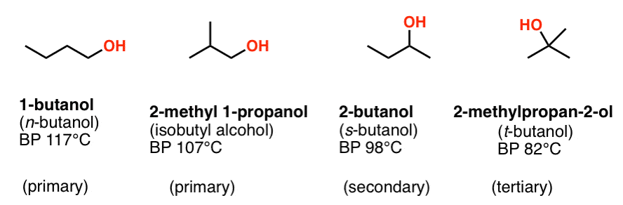 examples of alcohols 1 butanol higher boiling point than isobutyl alcohol 2 butanol has higher boiling point than t butanol
