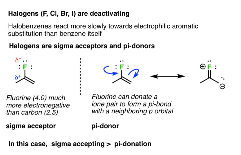 halogens f cl br i are deactivating groups slow electrophilic aromatic substitution relative to h