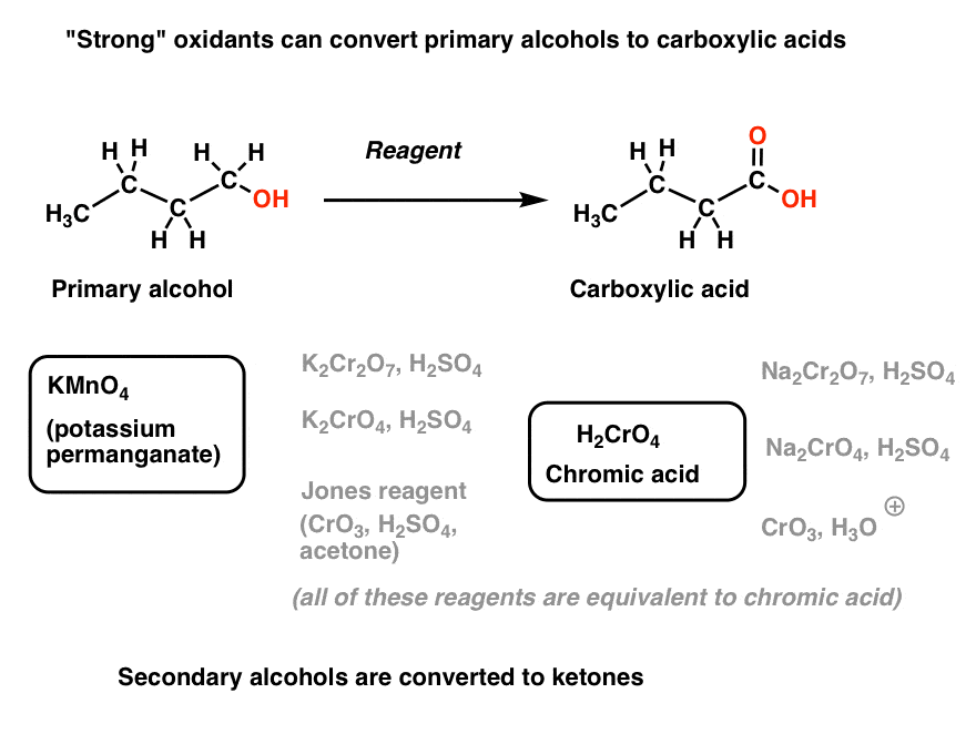 strong oxidants convert primary alcohols to carboxylic acids include kmno4 h2cro4 chromic acid potassium permanganate