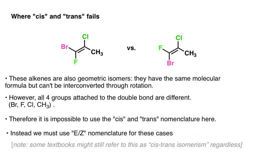 e and z must be used when cis trans fails e g double bonds with no carbons bearing identical substituents