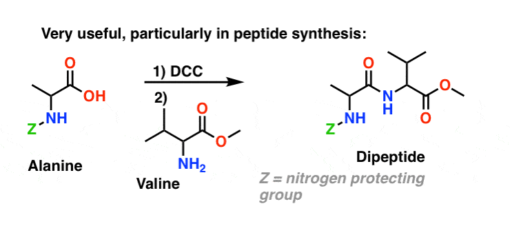 voorbeeld van peptidesynthese alanine valine tot dipeptide met dcc als koppelmiddel