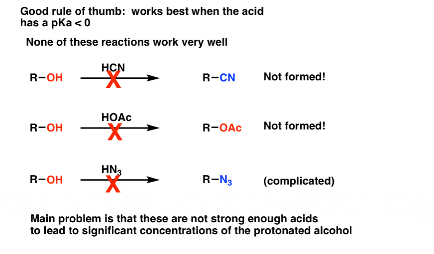 good rule of thumb for replacement of alcohols with hx is it works best when acid has pka lower than zero does not work for hcn hoac hn3