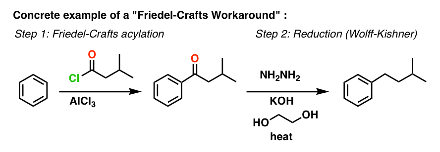 specific example of friedel crafts workaround using friedel crafts acylation followed by wolff kishner