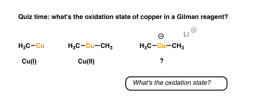 quiz what is oxidation state of copper in gilman reagent r2cuLi