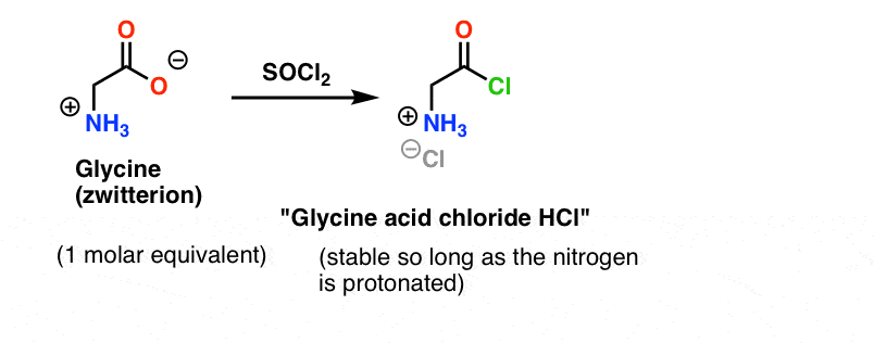 Le traitement du zwitterion de la glycine avec du socl2 devrait donner le chlorure d'acide tant que l'azote est protoné