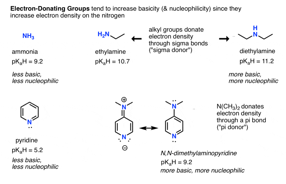 Electron donating groups tend to increase nucleophilicity and basicity because they increase electron density on nitrogen