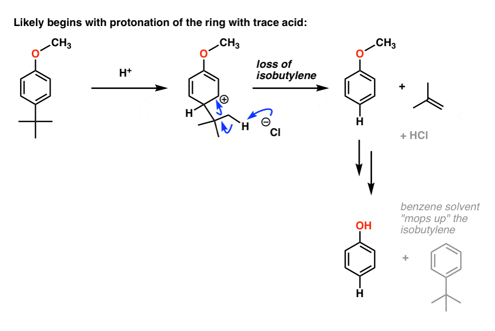 مکانیسم حذف تی بوتیل به عنوان ایزوبوتیلن با اسید قوی شامل پروتونه شدن حلقه آروماتیک است.
