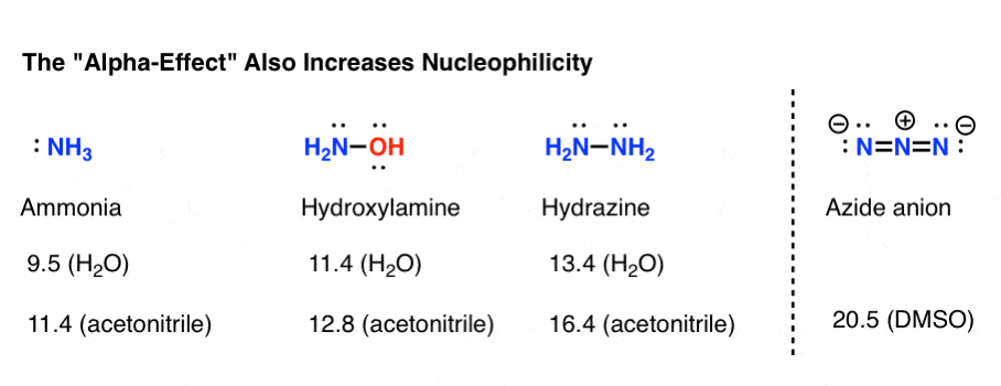 alpha effect increases nucleophilicity hydrazine vs hydroxylamine vs ammonia