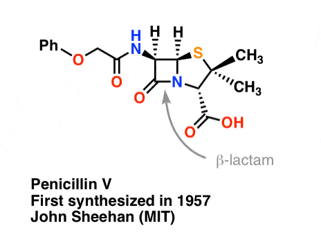 1-Structuur van penicilline V voor het eerst gesynthetiseerd door John Sheehan van MIT