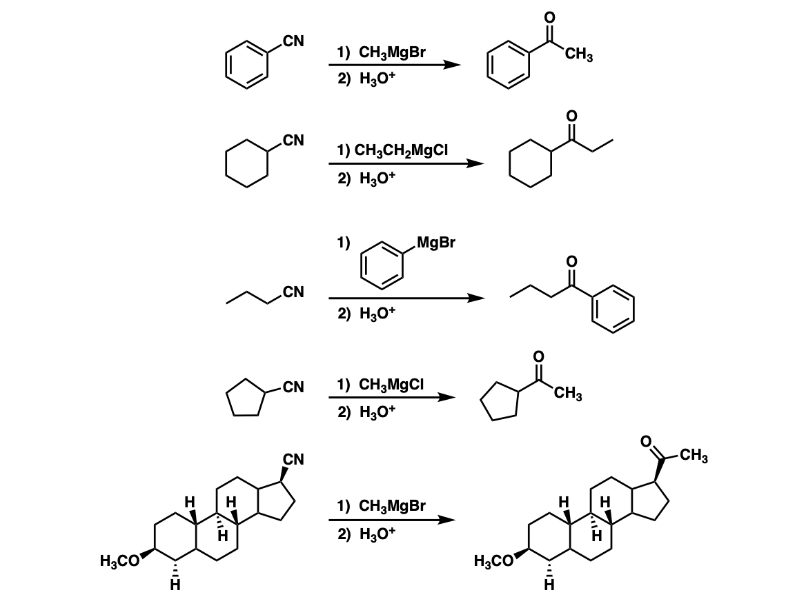 examples of formation of ketones from nitriles via addition of grignard reagents