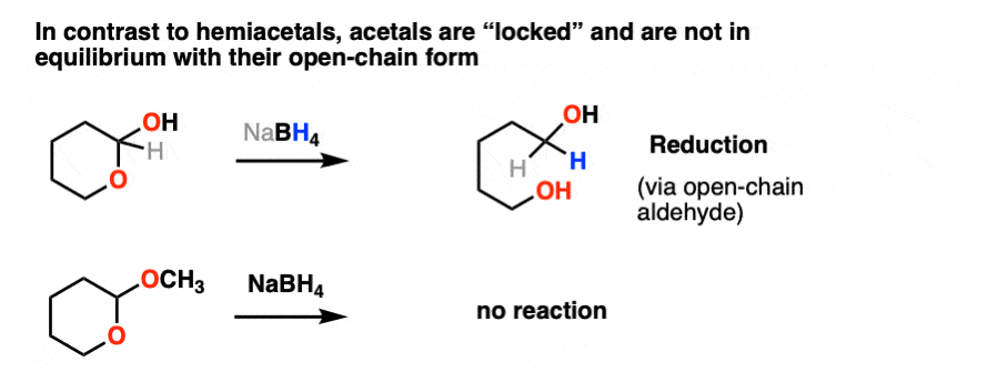 hemiacetals exist in equilibrium with aldehyde or ketone and will undergo reaction with nabh4