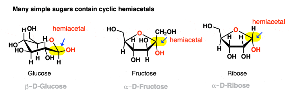 examples of sugars glucose fructose ribose with hemiacetal highlighted