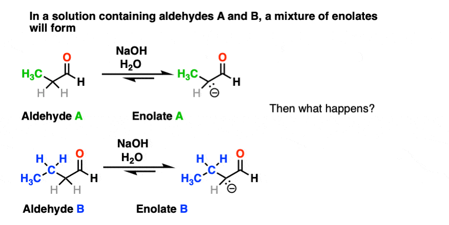 attempted cross aldol reaction with two aldehydes and formation of two enolates
