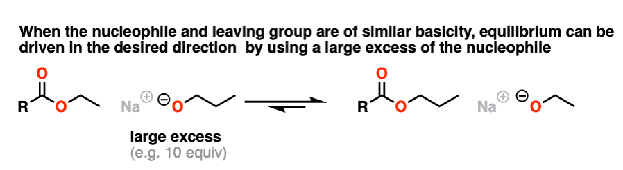 transesterification reaction between nucleophile and leaving group of similar basicity