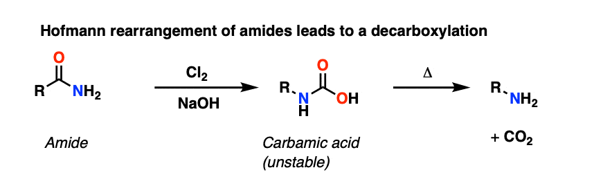 hofmann rearrangment followed by addition of water gives loss of co2 from carbamic acid