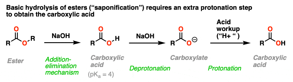 steps involved in the saponification of esters to give carboxylic acids via carboxylate salt