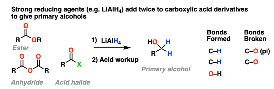 strong reducing agents such as lialh4 add twice to carboxylic acid derivatives to give primary alcohols