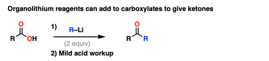addition of organolithium reagents to carboxylic acids to give carboxylates and then ketones