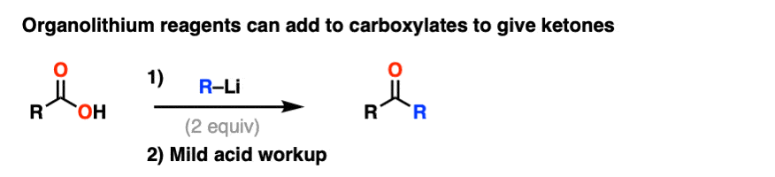 把有机锂试剂加到羧酸中得到羧酸，然后是酮