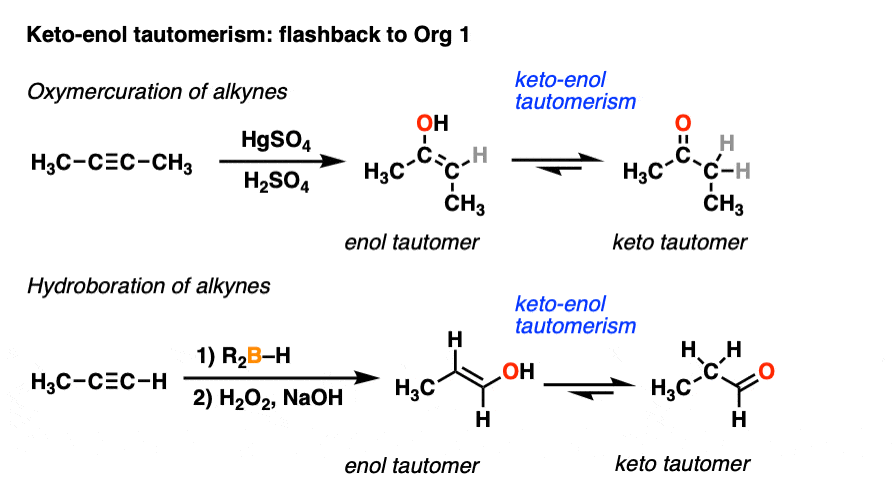 examples of keto-enol tautomerism in conversion of alkynes to ketones and aldehydes