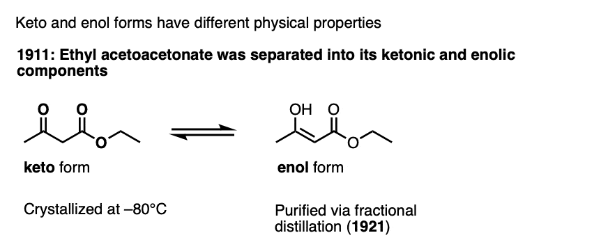 Separation of keto and enol tautomers and determination of different physical properties 1911
