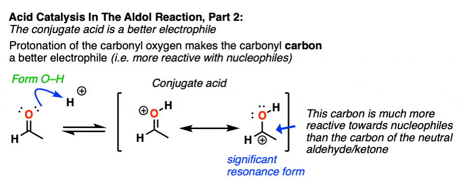 addition of enol to protonated aldehyde where acid makes aldehehyde a better electrophile