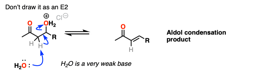 incorrect to draw final elimination step as going through an E2 for the acid catalyzed aldol