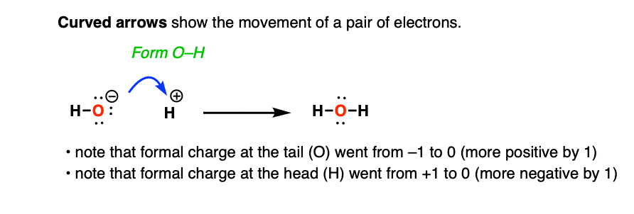 drawing a curved arrow from hydroxide ion to proton changes in formal charge