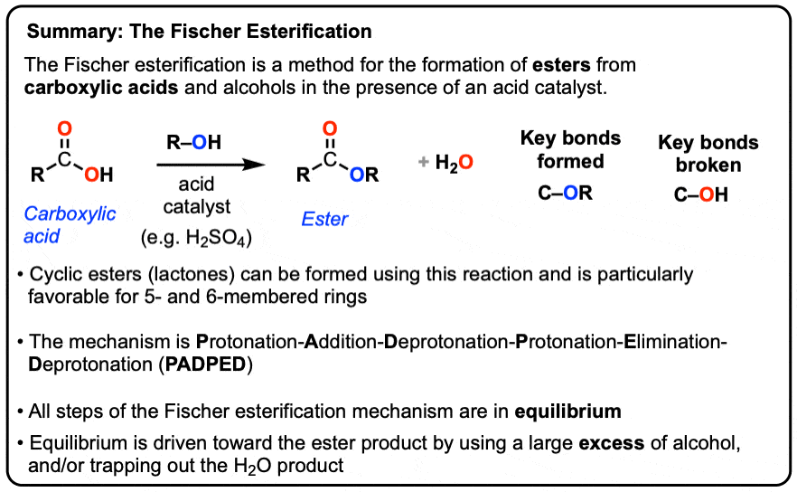 Fischer-esterification summary of reaction and mechanism