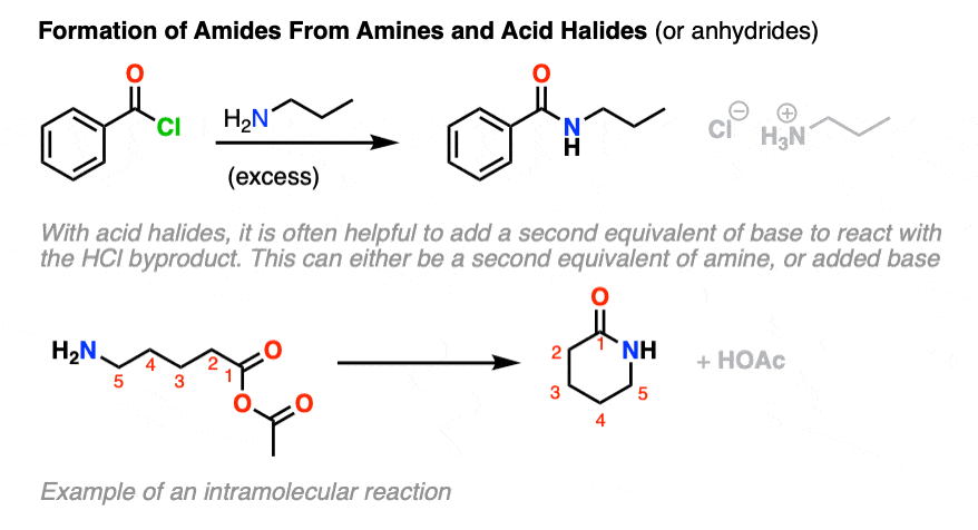 examples of amine reactions with acid halides and anhydrides to give amides through the schotten baumann reaction