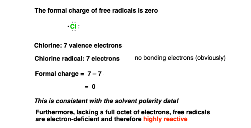 -formal charge of free radicals is zero chlorine has seven valence electrons and neutral highly reactive partially filled orbital
