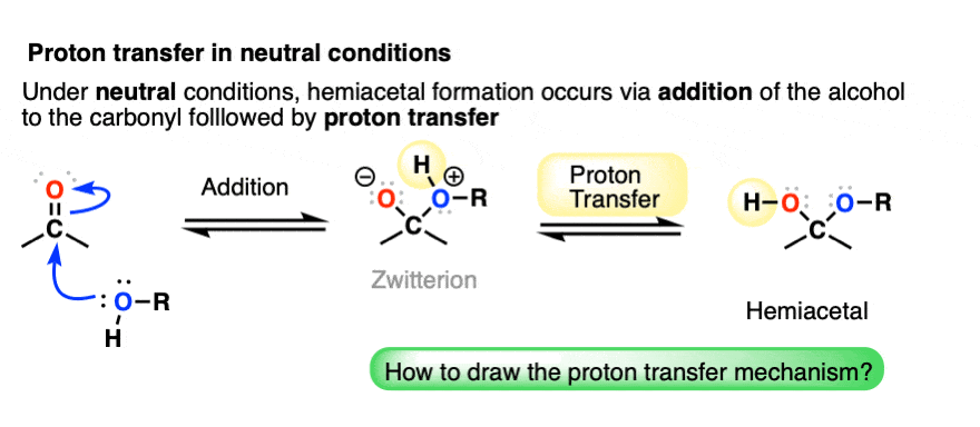 proton transfer in neutral conditions for the formation of hemiacetals - how to draw the mechanism