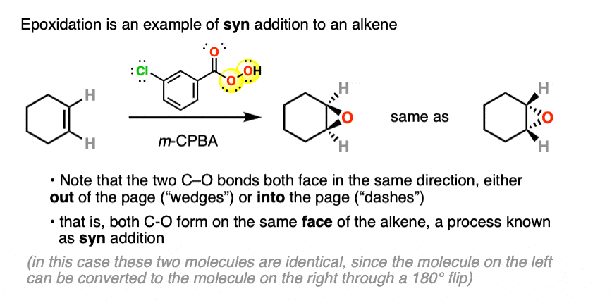 reaction of mcpba with an alkene in an epoxidation reaction showing syn addition
