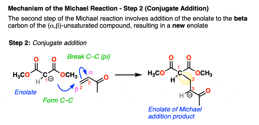 -the second step of the michael reaction is conjugate addition of the enolate to an alpha beta unsaturated compound