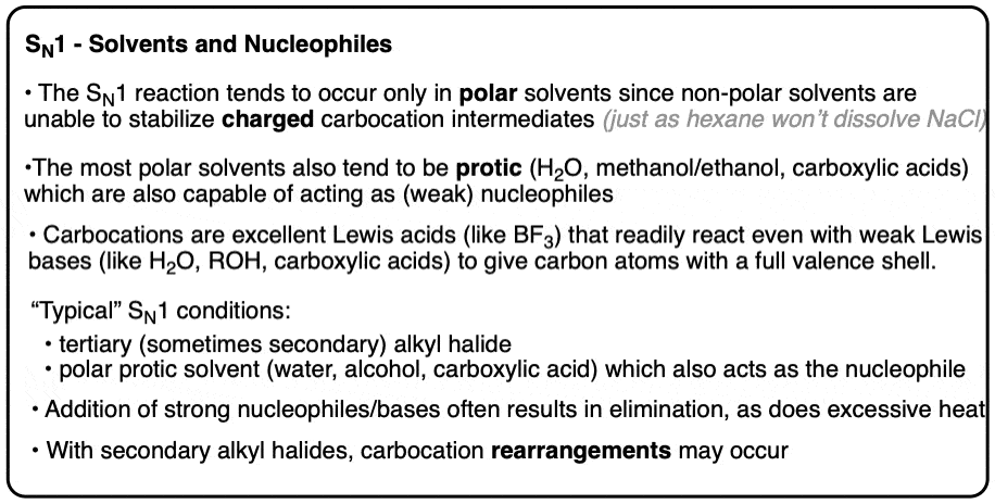 considerations of solvent and nucleophile in the sn1 reaction