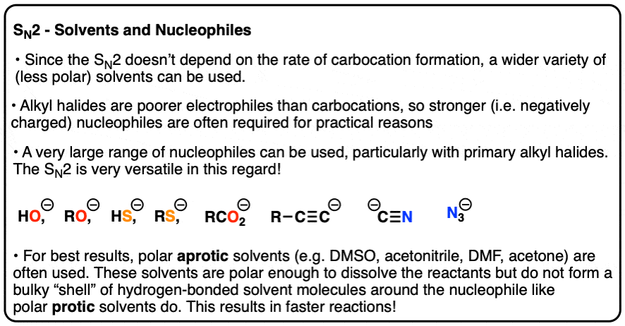 considerations of solvent and nucleophile in the sn2 reaction