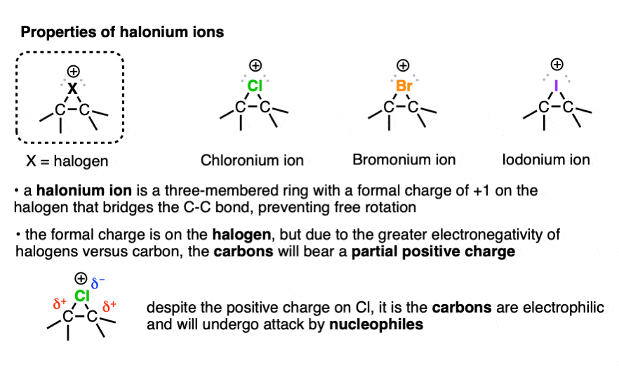 properties of halonium ions - structure of bromonium chloronium iodonium ions