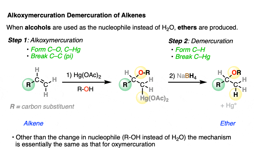 -alkoxymercuration reactions are essentially similar to oxymercuration reactions except the nucleophile is an alcohol - alternative way of making ethers