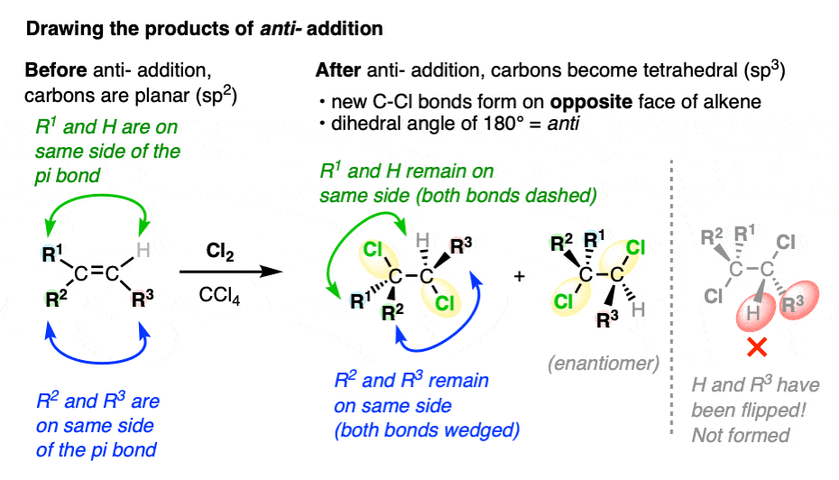some tips on drawing the proudcts of anti addition in addition of halogens to alkenes to give dihalides - also how not to do it