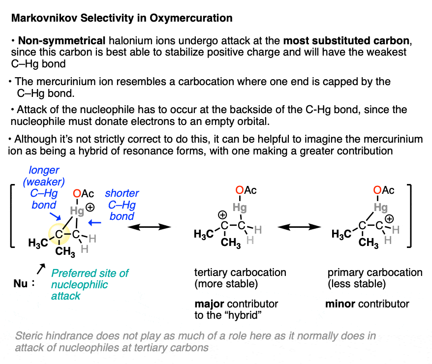 rationalizing the markovnikov regioselectivity of oxymercuration reactions as being due to carbocation characteristics