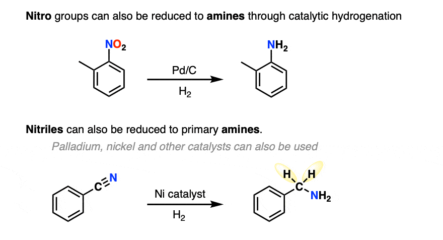 can use pd c palladium on carbon to reduce nitro groups to amines and cyano groups to primary amines