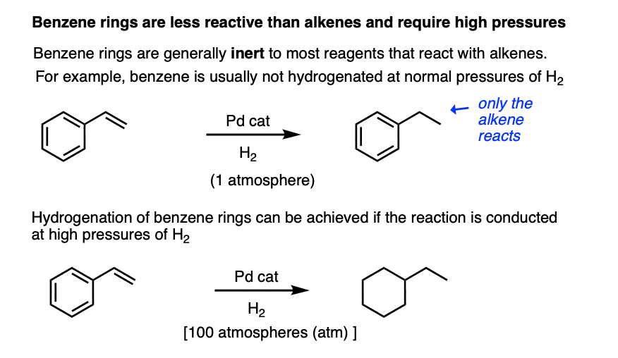 benzene rings tend to require higher pressures of h2 more atmospheres of hydrogen gas