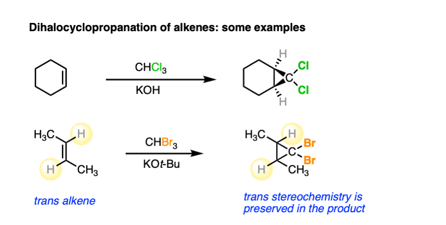 dihalocyclopropanation is a concerted addition to an alkene - stereospecific-some examples