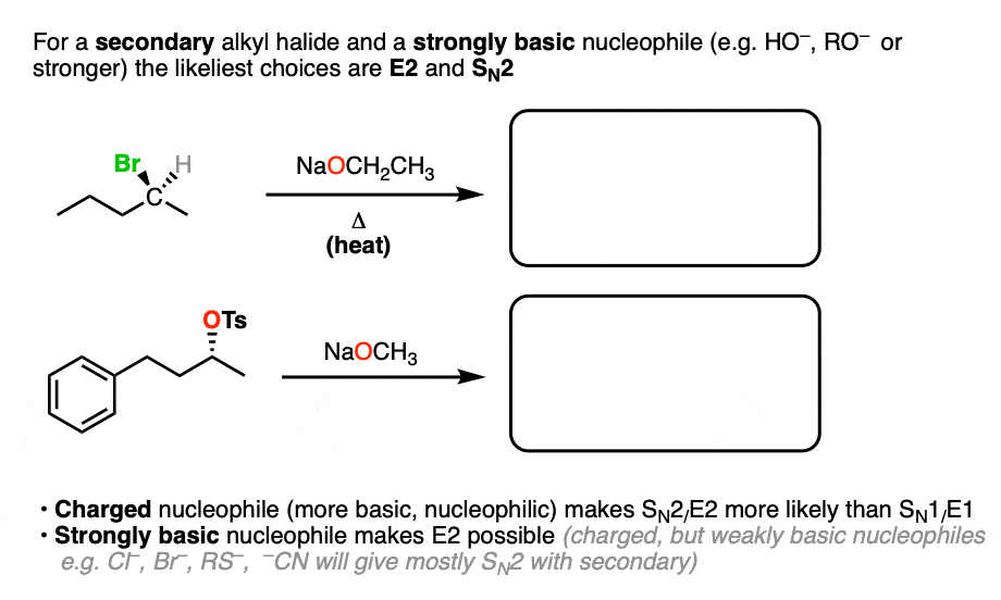 -for a secondary alkyl halide with strong base and heat elimination e2 will be favored over sn2