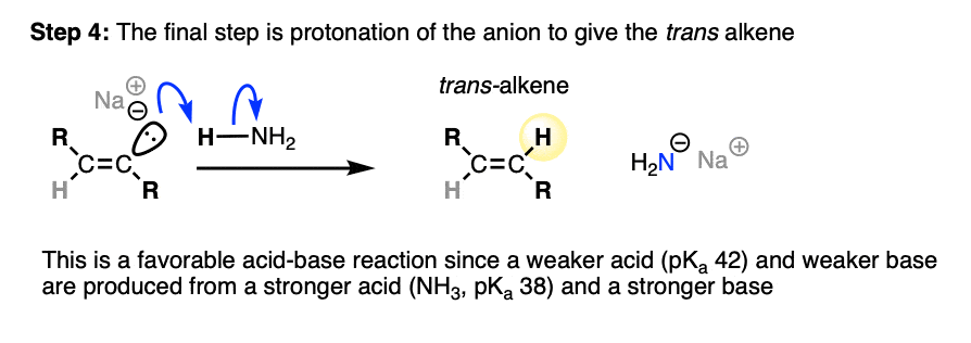 mechanism of na nh3 reduction of alkynes step 4 - protonation to give trans alkene