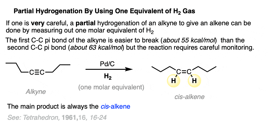 alkynes can be partially hydrogenated to alkenes with pd-C and