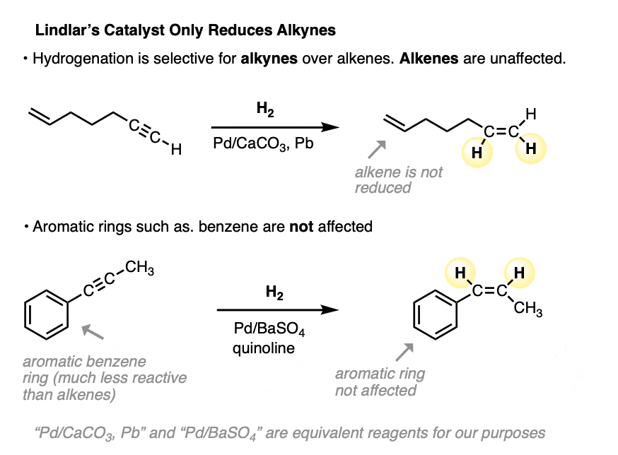 -lindlars catalyst only reduces alkynes - does not react with alkenes or aromatic rings