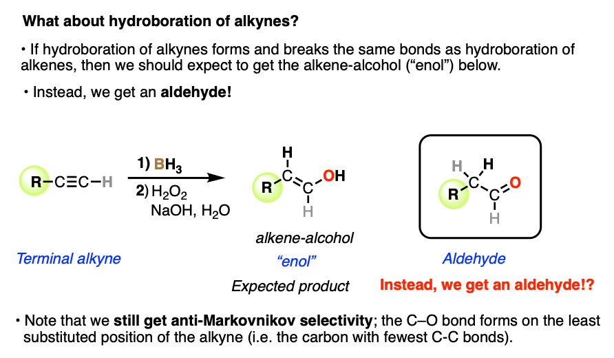 hydroboration of terminal alkynes does not result in enols - instead it gives aldehydes