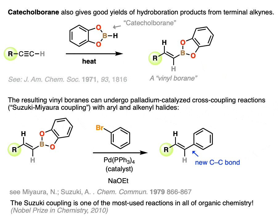 catecholborane is useful for mono hydroboration of terminal alkynes and resulting alkenyl boranes can undergo suzuki reaction